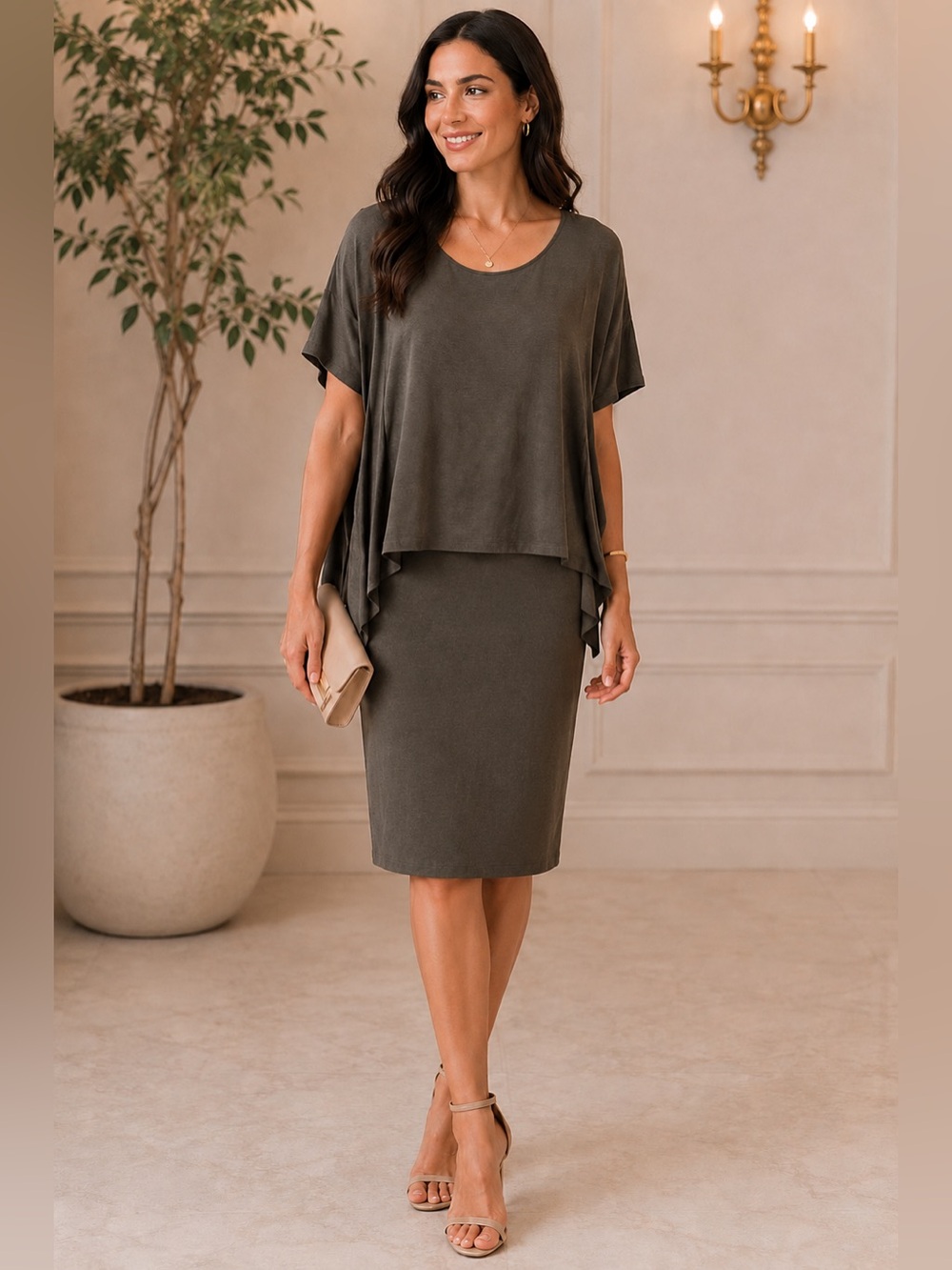 Soft Surroundings Dress Women's Medium Dark Gray Tiered Ruffle 3/4 Sleeve Stretc